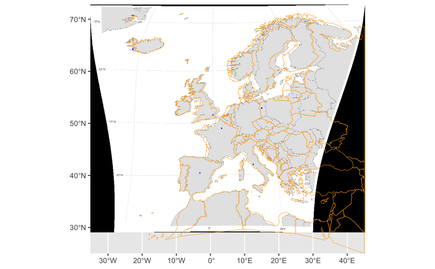 Figure: Warped image superimposed on a reference map with country borders