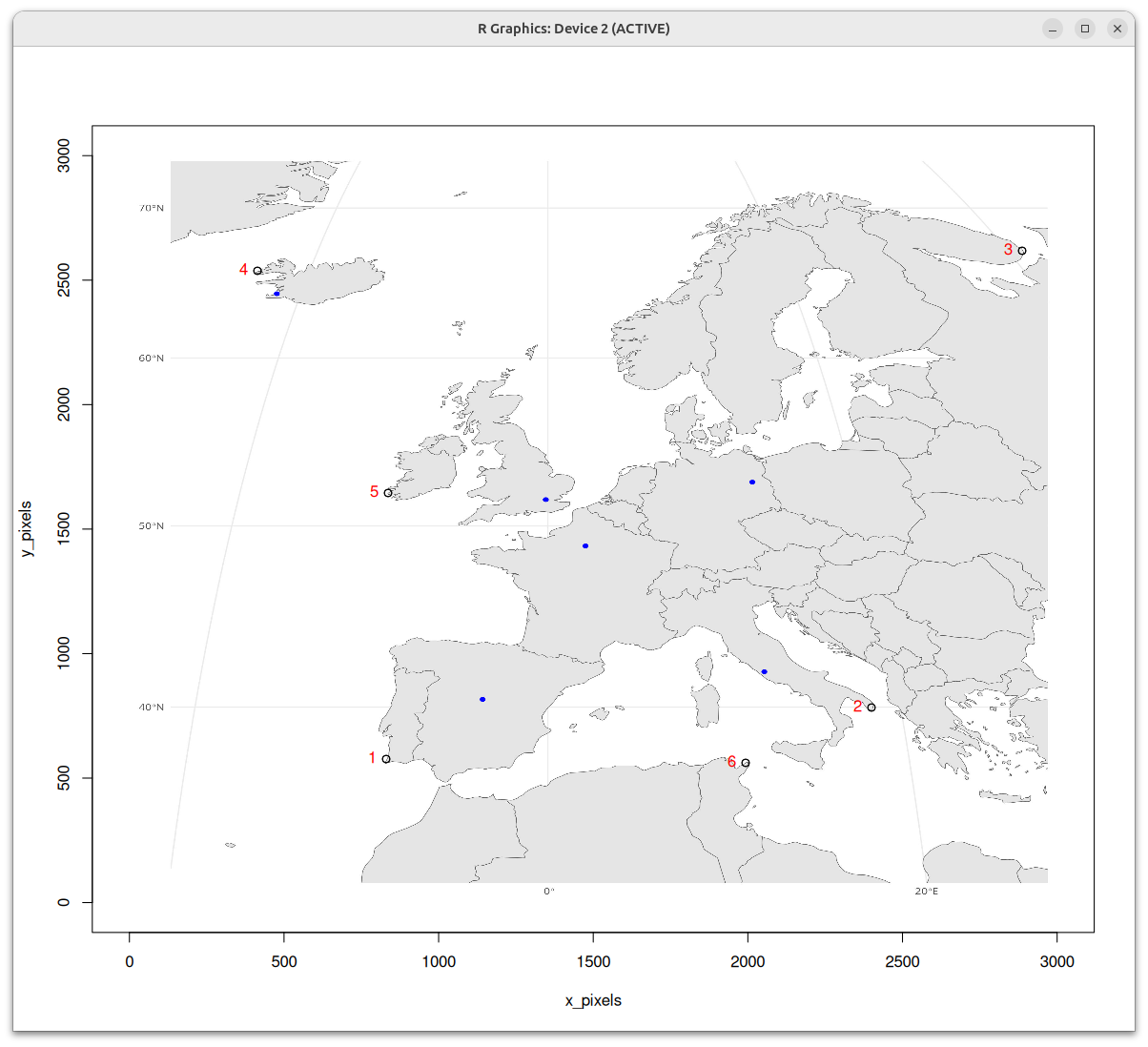 Figure: GCPs selected on the map by clicking with the mouse